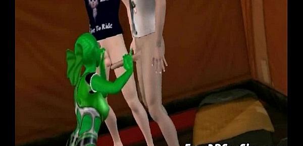  3D cartoon alien babe sucking and tugging two cocks